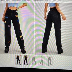 High Waisted Butterfly Embroidery Straight Leg Jeans